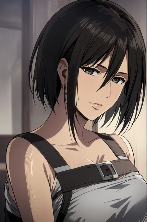 1girl, mikasa ackerman, (black hair:1.3), hair between eyes, short hair, sideburns, gray eyes, lips, cleavage, close up, solo, l...