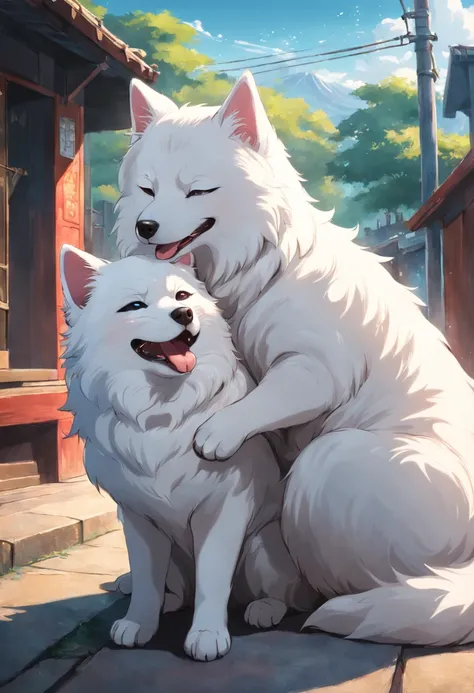 A photo of a Samoyed dog with its tongue out hugging a white Siamese cat