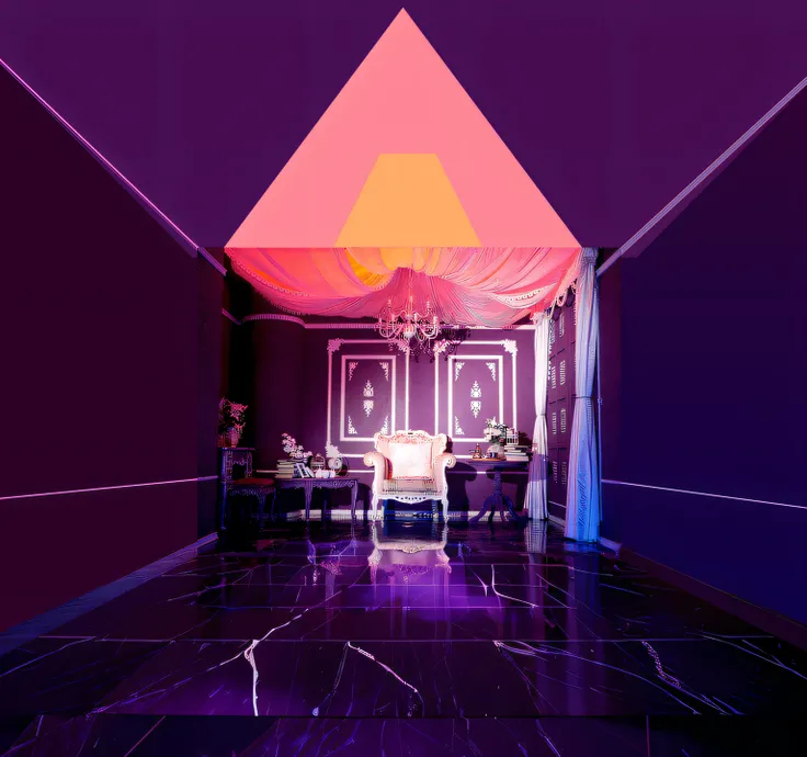 Content-based fill, Brightly lit purple room, Tiled room Marble room, Baroque painting background, high-end, high-end, Trend Vaporwave Mansion, Purple aesthetics, Luxurious Rococo Baroque style, masutepiece, high-end, A luxurious setting, wonderful masterp...