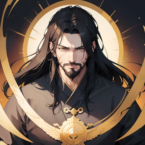 (Portrait, Masterpiece, High Quality, Best Quality, Official Art, Stylish and Aesthetics: 1.2). Staring_the_viewer, a man with black long hair and a big rough face, hes a family man and he has a Stubble Beard., black_hair, long_hair, black_long_hair, rough...