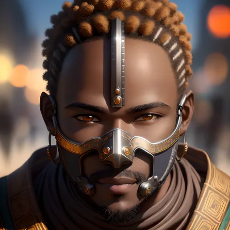 Face portrait,  photo of an African man, stern brown eyes ,  in a  mechanical face mask, covering half of the face vertical, ((light bokeh)), intricate, (steel metal [rust]), elegant, sharp focus, vibrant colors, masterpiece, ((streets)), detailed face