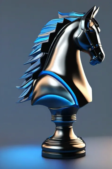 minimalist 3d horse chess piece with black background and blue lighting