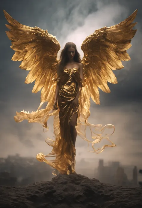 Ultra-realistic angelic figure A golden angel with wings spread in a gloomy setting and with dark smoke