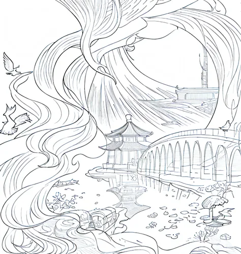 Draw a bird flying over a pond，In the background is a pagoda, concept piece, inspired by Sōami, inspired by Kanō Motonobu, inspired by Tawaraya Sōtatsu, Outline sketch, anime city lineart, clean lineart, white backgrounid, monochrome, Line drawing, ((Sketc...