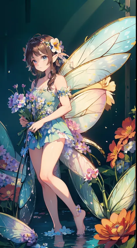 8K、(RAW Photo, Best Quality), (Realistic, Photo Realistic: 1.3), Best Quality, ​masterpiece、top-quality、(((Flower Fairy:1.5)))、(Full body image)、(Lots of beautiful flowers around the flower fairy:1)