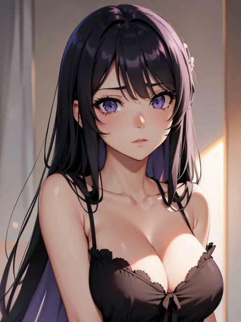 2d, sketch art, one anime woman, sad, black hair, busty, medium breasts, cleavage, POV, close up, nightgown, (detailed eyes, beautiful eyes, purple eyes:1.2)