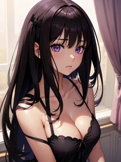 2d, sketch art, one anime woman, sad, black hair, busty, medium breasts, cleavage, POV, close up, nightgown, (detailed eyes, beautiful eyes, purple eyes:1.2)