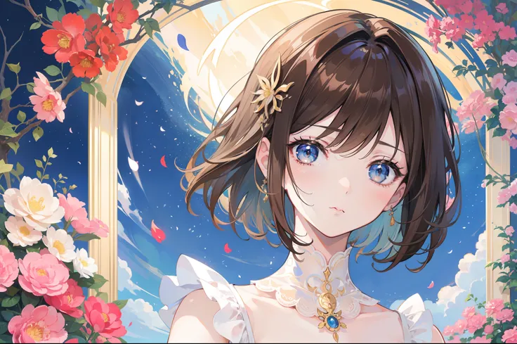 Official Art, Masterpiece European female face, short hair, lightbrown hair, brown eyes , flower garden , (​masterpiece、top-quality、hight resolution: 1.4),in 8K, Drawing of a woman with short lightbrown hair, Anime Art Nouveau, highly detailed exquisite fa...