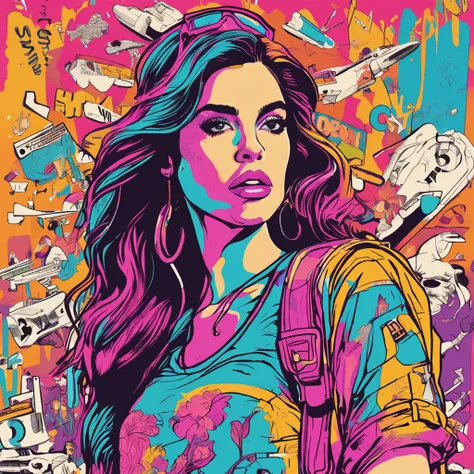 vector art ready to print graffiti illustration, a poster of singer lana del rey, full body inspired by 90s aesthetic that includes anime, arcade, nostalgic and colorful colors