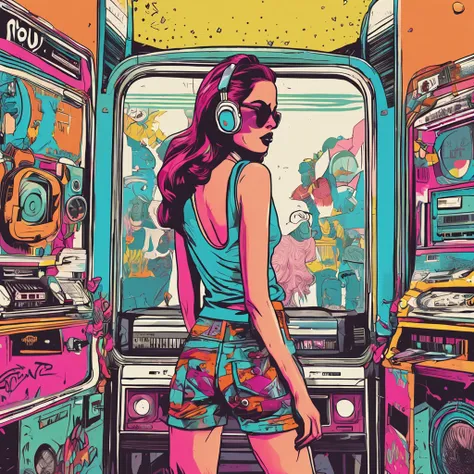 vector art ready to print graffiti illustration, a poster of singer lana del rey, full body inspired by 90s aesthetic that includes anime, arcade, nostalgic and colorful colors