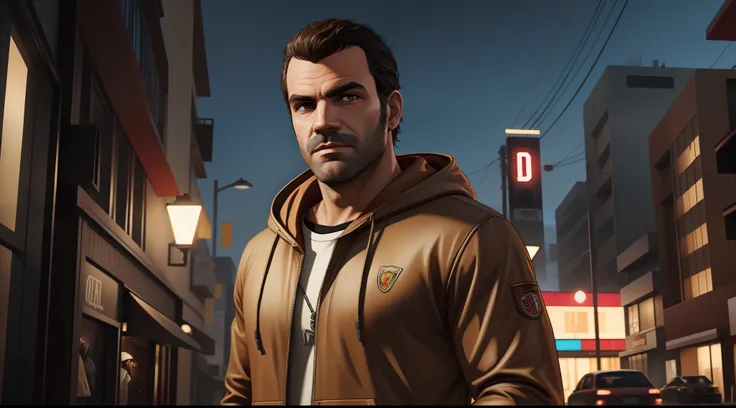 a man with a light beard and wear a brown hoodie, gta 5 artwork