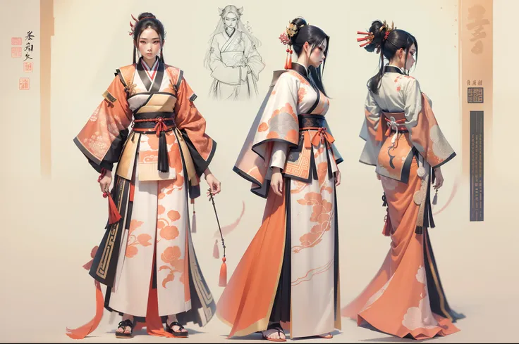 fashion design sketch, chínese, traditional, mixed with future wave, samurai