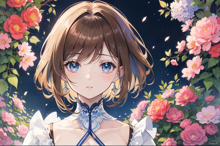 Official Art, Masterpiece European female face, short hair, lightbrown hair, brown eyes , flower garden , (​masterpiece、top-quality、hight resolution: 1.4),in 8K, Drawing of a woman with short lightbrown hair, Anime Art Nouveau, highly detailed exquisite fa...