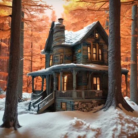 a painting of a house in the woods, an ultrafine detailed painting by Scott Gustafson, behance contest winner, analytical art, made of cardboard, diorama, made of plastic