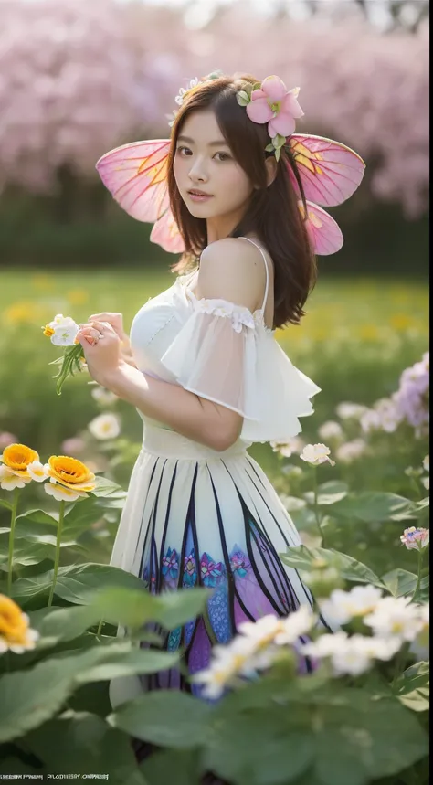 8K、(RAW Photo, Best Quality), (Realistic, Photo Realistic: 1.3), Best Quality, ​masterpiece、top-quality、(((Beautiful Girl Flower Fairy:1.5)))、((Full body image:1.3))、(big breasts:1.3)、((A flower fairy surrounded by only one flower in the world:1.5))