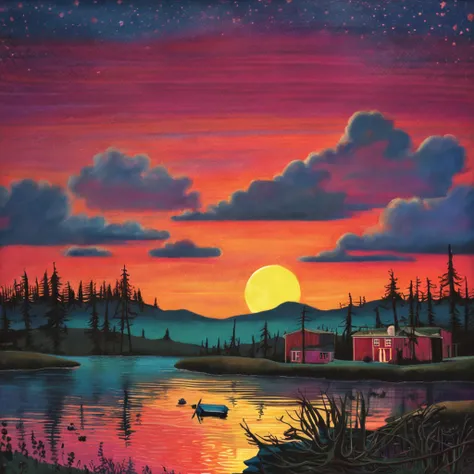 Pa painting of a sunset over a lake, uma pintura de arte de Yvonne Jacquette, deviantart, Pintura de cena americana, Arte no Instagram, pintura detalhada, oil on the canvas