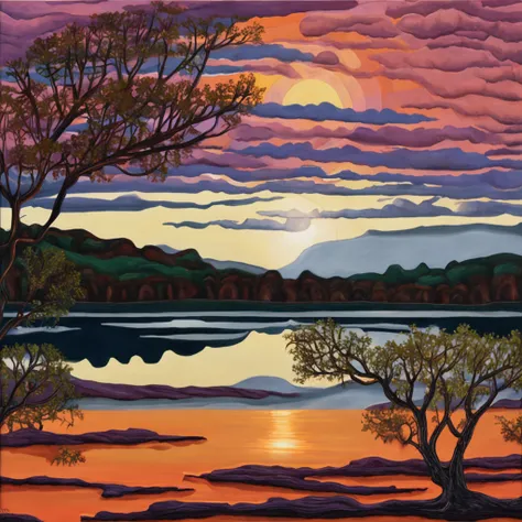 Pa painting of a sunset over a lake, uma pintura de arte de Yvonne Jacquette, deviantart, Pintura de cena americana, Arte no Instagram, pintura detalhada, oil on the canvas