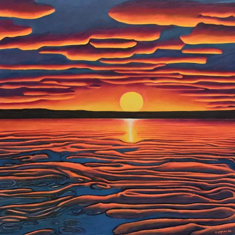 Pa painting of a sunset over a lake, uma pintura de arte de Yvonne Jacquette, deviantart, Pintura de cena americana, Arte no Instagram, pintura detalhada, oil on the canvas