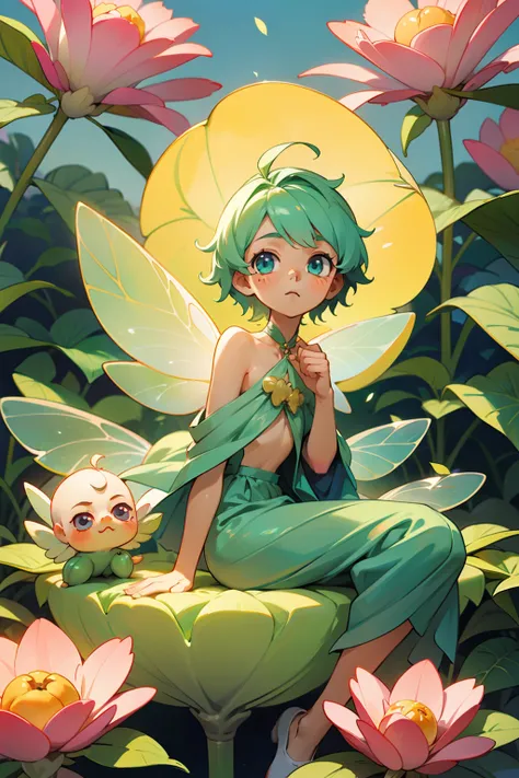 Flower fairy, ((male youth)), a (boy) fairy sitting inside a (flower bud), cute, kawaii, masterpiece, transparent wings, dew on leaves, morning light