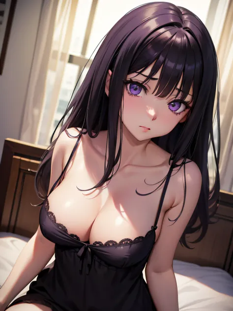 (nsfw:0.2), 2d, sketch art, one anime woman, sad, black hair, medium breasts, cleavage, POV, close up, nightgown, (detailed eyes, beautiful eyes, purple eyes:1.2), indoor, bedroom