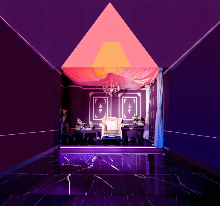 Content-based fill, Brightly lit purple room, Tiled room Marble room, Baroque painting background, high-end, high-end, Trend Vaporwave Mansion, Purple aesthetics, Luxurious Rococo Baroque style, masutepiece, high-end, A luxurious setting, wonderful masterp...