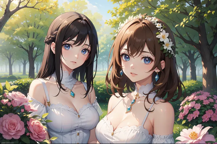 Official Art, Masterpiece European female face, short hair, lightbrown hair, brown eyes , flower garden , (​masterpiece、top-quality、hight resolution: 1.4),in 8K, Drawing of a woman with short lightbrown hair, highly detailed exquisite fanart, anime fantasy...