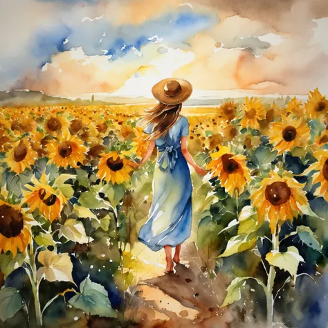 sunflowers fields、Rear view of a beautiful girl、rays of sunshine