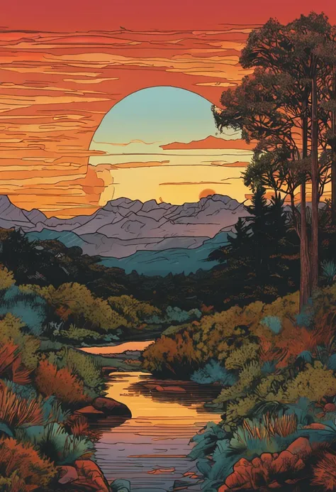 Pa painting of a sunset over a lake, uma pintura de arte de Yvonne Jacquette, deviantart, Pintura de cena americana, Arte no Instagram, pintura detalhada, oil on the canvas