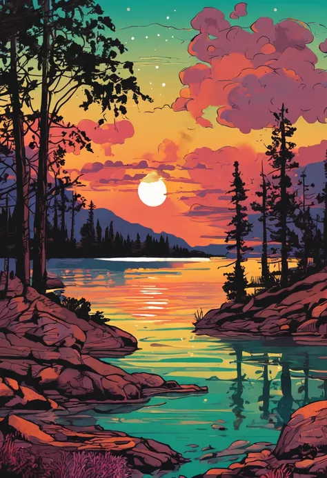 Pa painting of a sunset over a lake, uma pintura de arte de Yvonne Jacquette, deviantart, Pintura de cena americana, Arte no Instagram, pintura detalhada, oil on the canvas