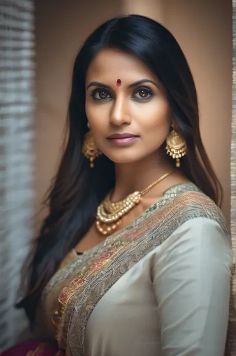 close-up RAW Portrait shot, photograph, woman, 35 years, in a doctor dress posing for a picture, delicate features, beautiful face, dark hair, dark eyes, long bangs, Indian traditional makeup, with hand light jewelry, Indian girl with light brown skin, tra...