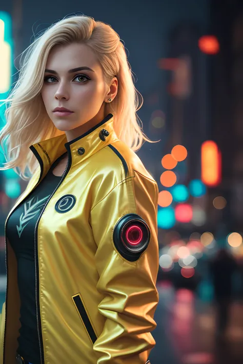 cyberpunk portrait photography, beautiful young woman looking off camera in glowing futuristic jacket, super realistic face, eyes visible through blonde hair, proper eye position, natural skin, soft light, rim light, hips, in road side, detailed background...