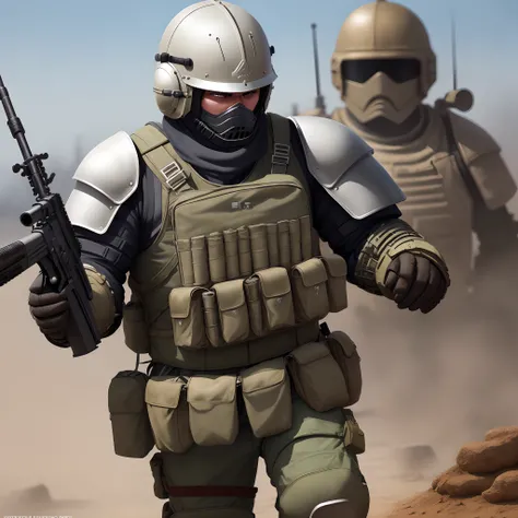 Wearing an Altyn helmet, wearing 6B43 heavy body armor, and holding an RP K16 light machine gun