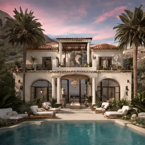 he villas exterior is a masterpiece of Mediterranean design, with stucco walls and a cement tile roof. Lush landscaping, palm trees, and vibrant flowers complement the grand entrance. located on a cliff facing the Mediterranean. Photographed using a Canon ...