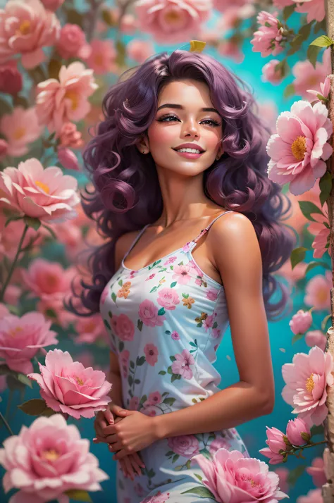 iustração digital, uma mulher feliz com cabelo loiro claro,  with bouquet of pink flowers, camisa cor de rosa, Escura, olhos azuis iluminados, sorridente, Enquadramento aberto, corpo inteiro. Estilo Barbie, detalhes sobre roupas. beleza angelical.