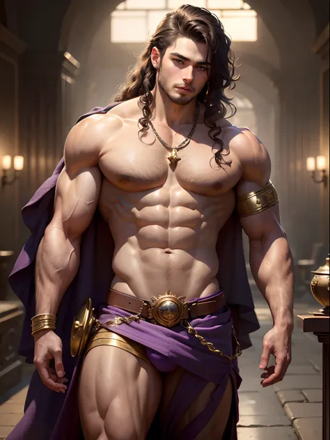 ((best quality)), ((masterpiece)), (detailed), priapus, 1boy, muscle, inca temple, flying, renaissance, long curly hair purple, handsome masculine face, detailed eyes purple, muscular chest, (narrow waist), bubble ass, topless, golden chain belt, draping c...