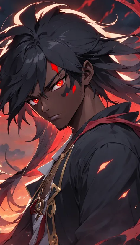 a black skinned guy, pirate, long black hairs, red thunder aura, shining red eyes, anime style, 4k