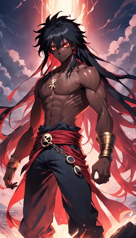 a black skinned guy, pirate, long black hairs, red thunder aura, shining red eyes, anime style, 4k