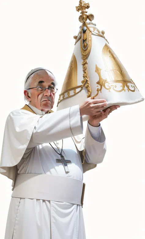 Pope Francis holding the realistic image of Our Lady of Nazareth, Face extremely faithful to the photo, Arte realista, verdadeiro, do not alter in any way the characteristic of the face, Do not change the image