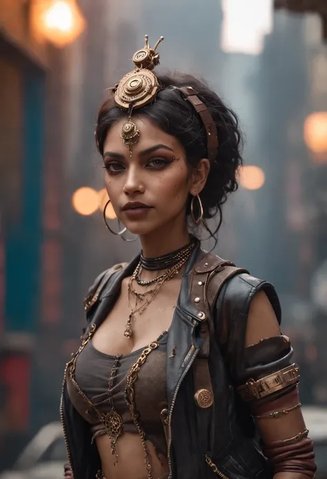 Theres a sexzy indian 1woman with a steam-powered dusky skin, with big boobs,Royal look, arte conceitual street punk, sexzy full body view top to bottom, seated on queen chair, low angle , slim body, breathtaking beauty, vibrant, comprehensive cinematic, 8...