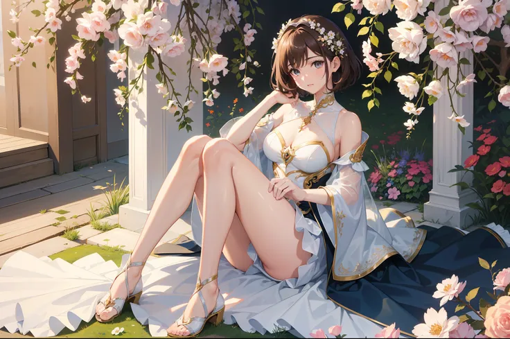 Official Art, Masterpiece European female face, short hair, lightbrown hair, brown eyes , flower garden , (​masterpiece、top-quality、hight resolution: 1.4),in 8K, Drawing of a woman with short lightbrown hair, brown eyes, highly detailed exquisite fanart, a...