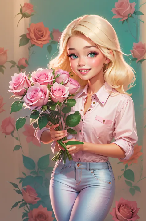 digital illustration, a happy girl with light blonde hair, holding a bouquet of rose flowers, pink shirt, dark, lit blue eyes, smiling, open frame, full body. Barbie style, clothing details. angelic beauty.