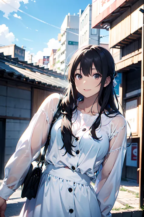 woman in a white dress and a brown purse, picture by Makoto Shinkai, same hairstyle, trending on cg society, conceptual art, kyoto animation still, guweiz and makoto shinkai, high quality anime movie still, ultra HD 4k, fine detail, as per image, outdoor, ...