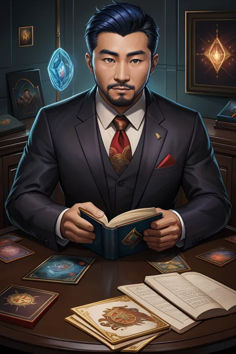 （best qulity，The Masterpiece），（Ultra-detailed colors），A detailed painting depicting A handsome 35-year-old Chinese mature man in a suit surrounded by a flurry of glowing Magic The Gathering cards and the book Dungeons and Dragons in the center.