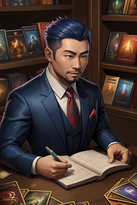 （best qulity，The Masterpiece），（Ultra-detailed colors），A detailed painting depicting A handsome 35-year-old Chinese mature man in a suit surrounded by a flurry of glowing Magic The Gathering cards and the book Dungeons and Dragons in the center.