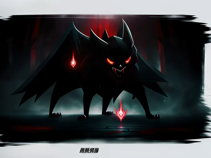 New evil/Ghost-attribute Pokemon，Scary atmosphere，Shadows are shrouded，Spooky look，red color eyes，pitch black skin，Frayed sharp claws，Mysterious magic。