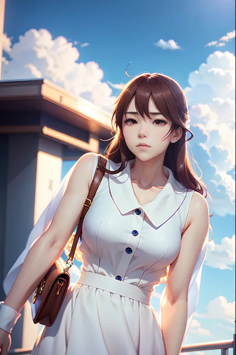 woman in a white dress and a brown purse, picture by Makoto Shinkai, same hairstyle, trending on cg society, conceptual art, kyoto animation still, guweiz and makoto shinkai, high quality anime movie still, ultra HD 4k, fine detail, as per image, outdoor, ...