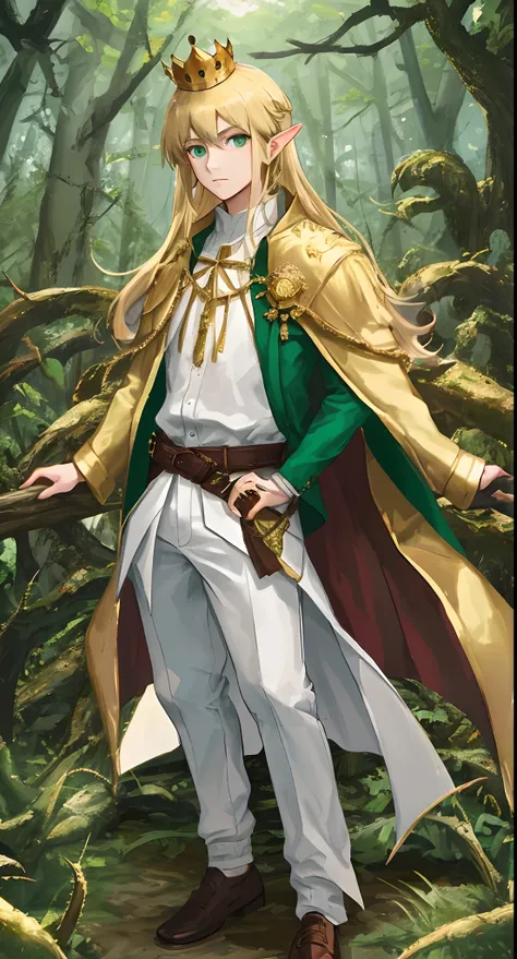 shoun，White shirt，long white pants，Light green jacket，Blonde to waist-length hair，Emerald green eyes，Long-eared gold-rimmed cape，Golden crown，bachelorhood，Full body photo，ln the forest，thorns