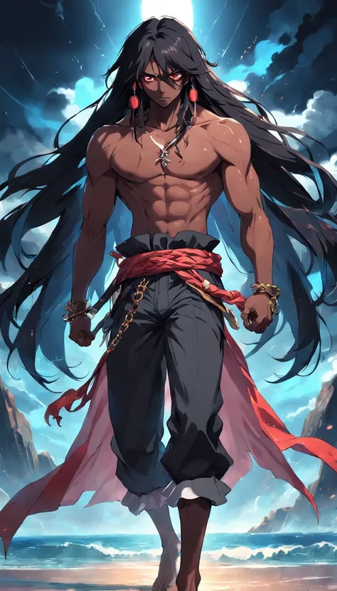 a black skinned guy, pirate, long black hairs, red thunder aura, anime style, 4k