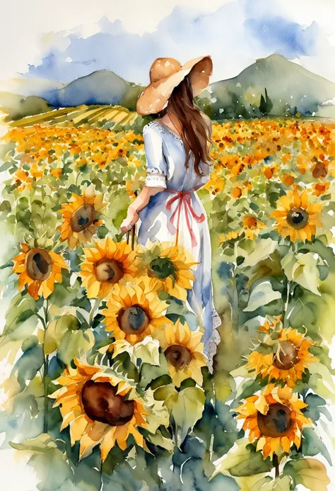 Sunflower Fields、Vista traseira de uma menina bonita、raios de sol