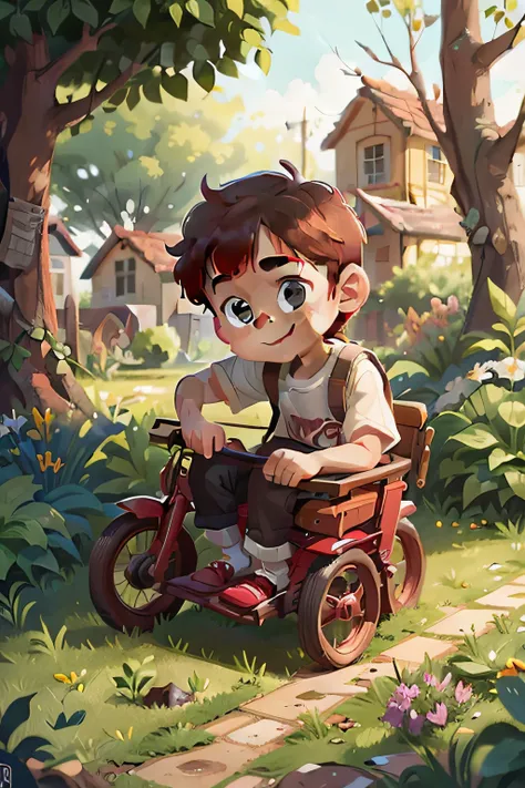 JOHN, a poor boy, 8 years old, cute, brown hair, perfect look, perfect face, kind look, kind smile, playing in the garden near his humble house